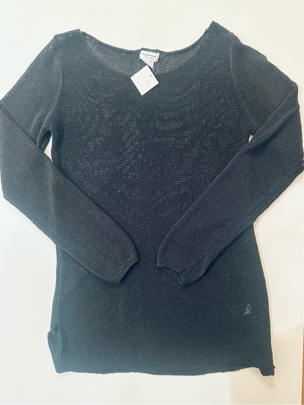 NWT Club Monaco Italian yarn Black mesh Scoop Neck Long Sleeve Sweater, L